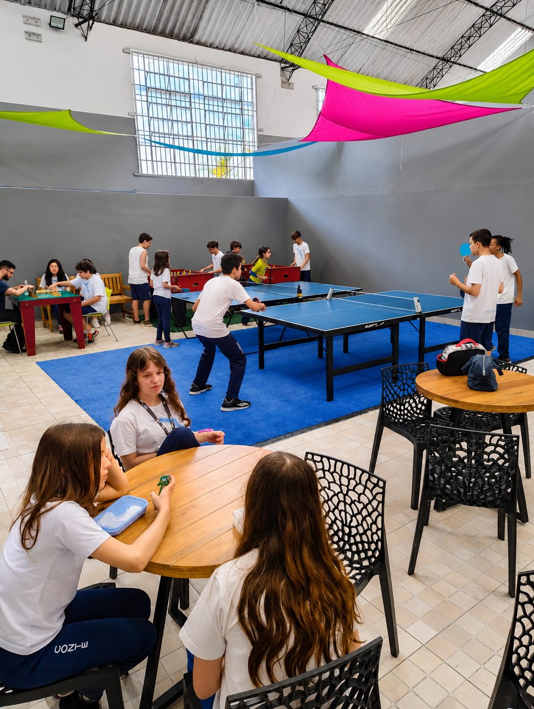 Espaço Teens · mesas de ping-pong, pebolim e convivência