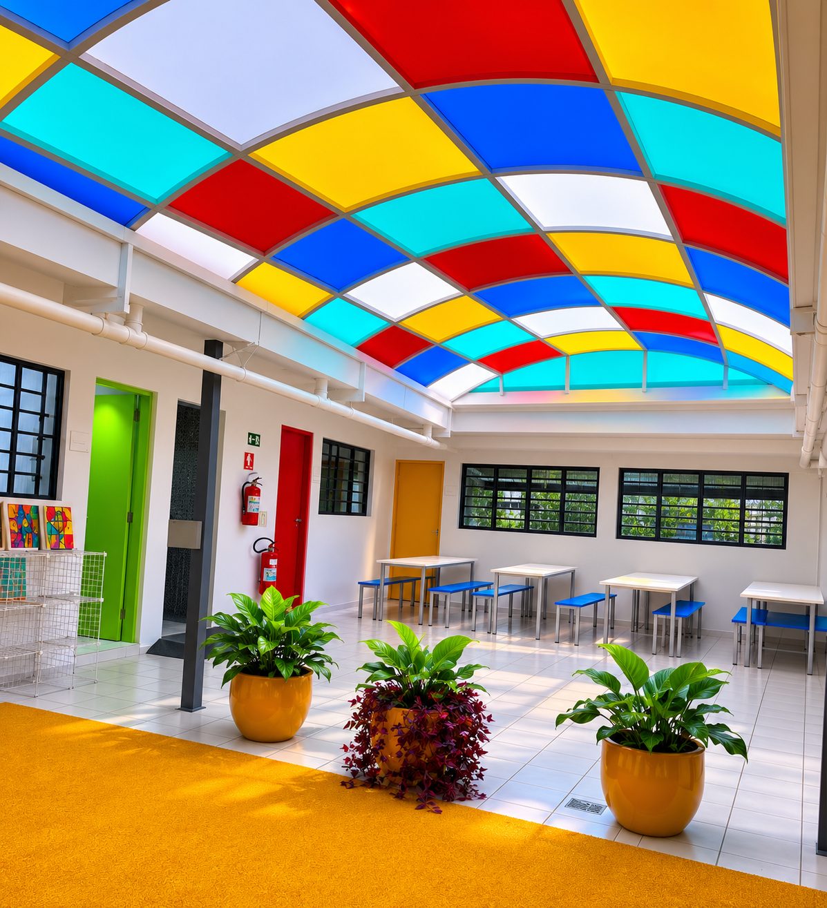 Pátio coberto com solário colorido