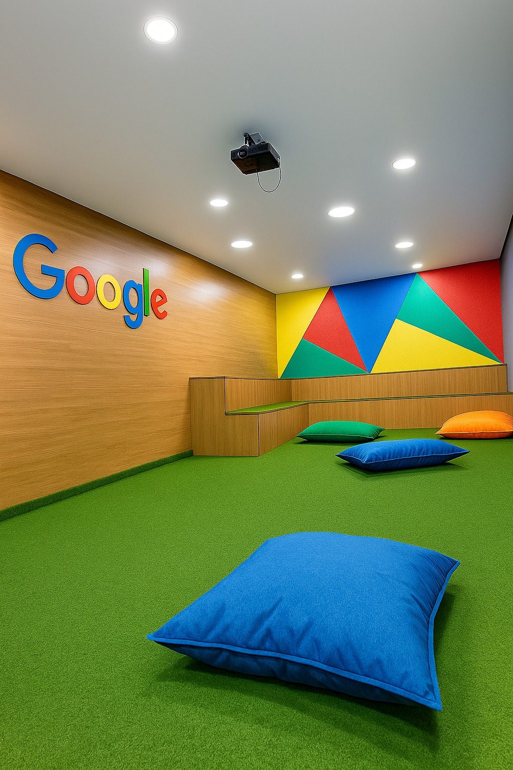 Sala Google · espaço com logo, pufes e grama sintética